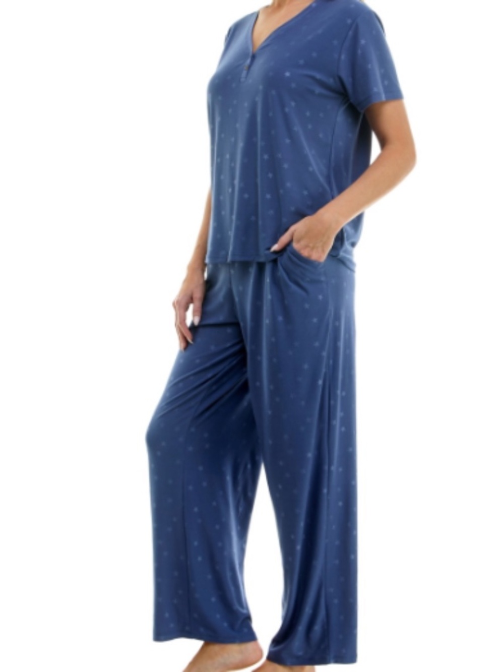 Roudelain Women's Star-Print Henley Pajama Top Fall Stars Gray Blue Small, NWT